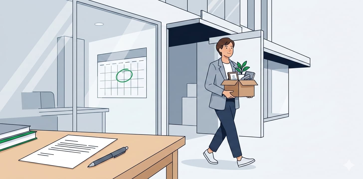 Illustration of a professional confidently leaving an office with a resignation letter on the desk and a calendar with a circled date
